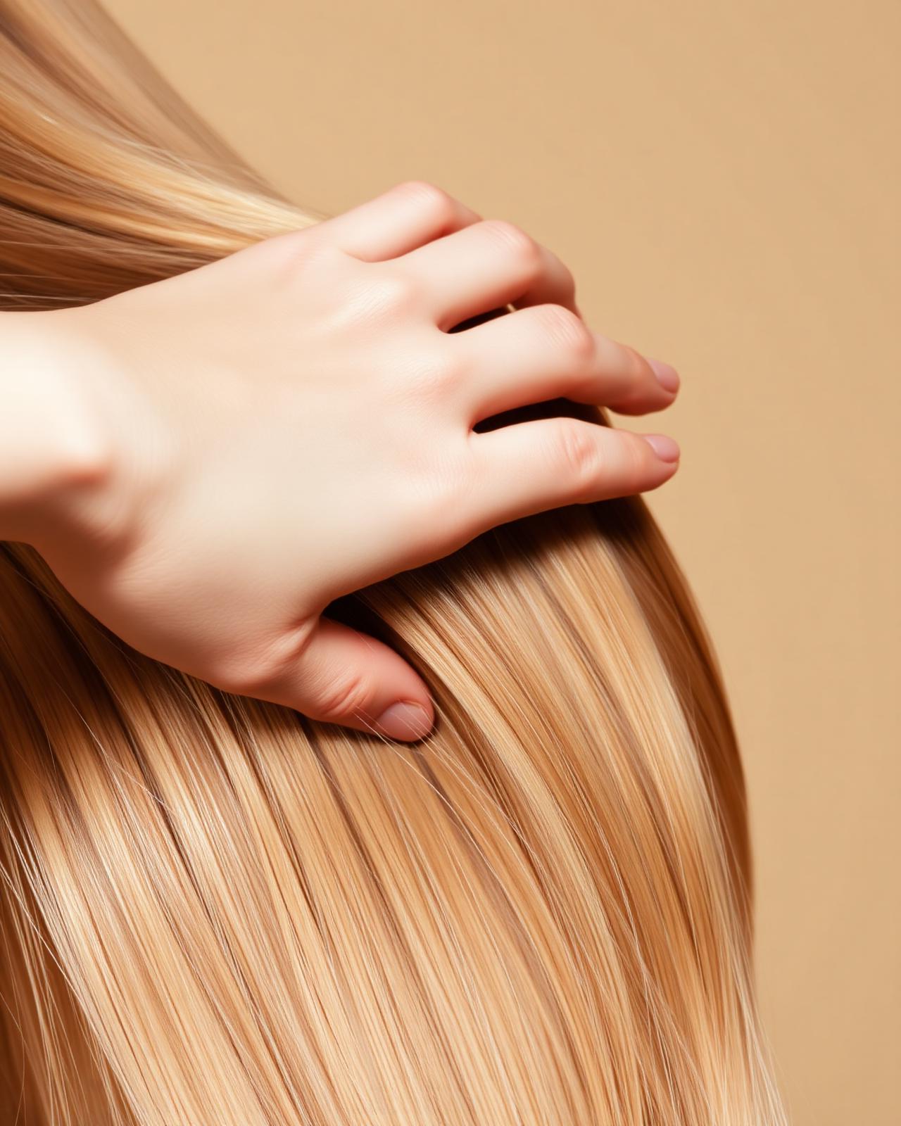 Hånd glider gennem glat, silkeblødt hår efter styling med luftglattejern